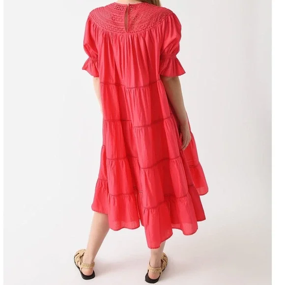 Merlette NY Paradis Eyelet Tiered Midi Dress Sz XXL Pink 100% Cotton Puff Sleeve